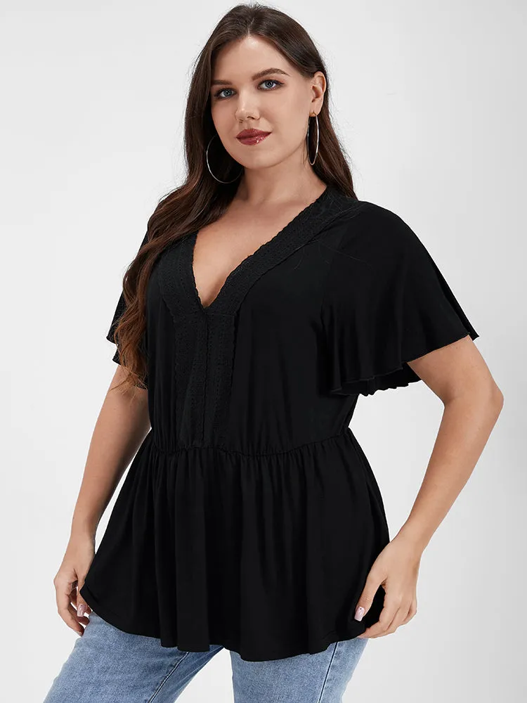 Plain Flutter V Neck Crochet Lace T-shirt sold by Bloomchic product image thumbnail 4