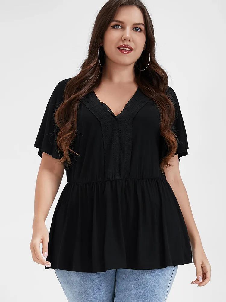 Plain Flutter V Neck Crochet Lace T-shirt sold by Bloomchic