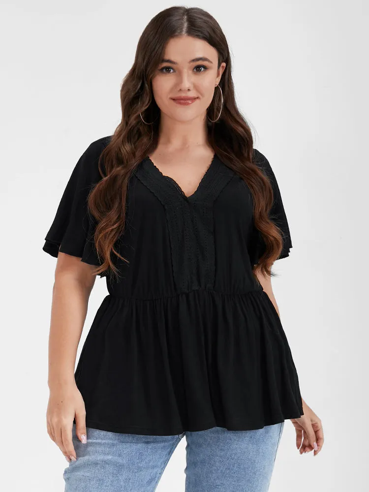 Plain Flutter V Neck Crochet Lace T-shirt sold by Bloomchic product image thumbnail 3