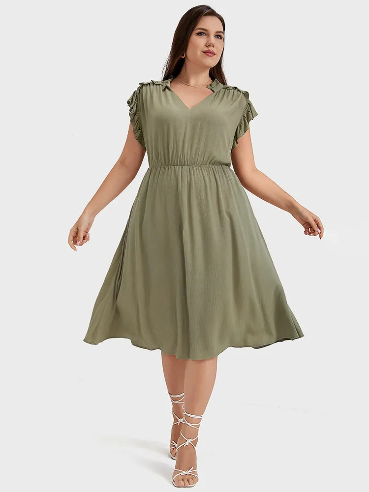 Plain V Neck Ruffles Trim Pocket Knee Dress sold by Bloomchic product image thumbnail 4