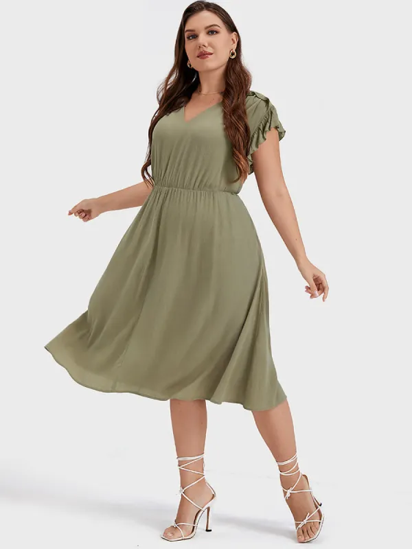 Plain V Neck Ruffles Trim Pocket  Knee Dress sold by Bloomchic