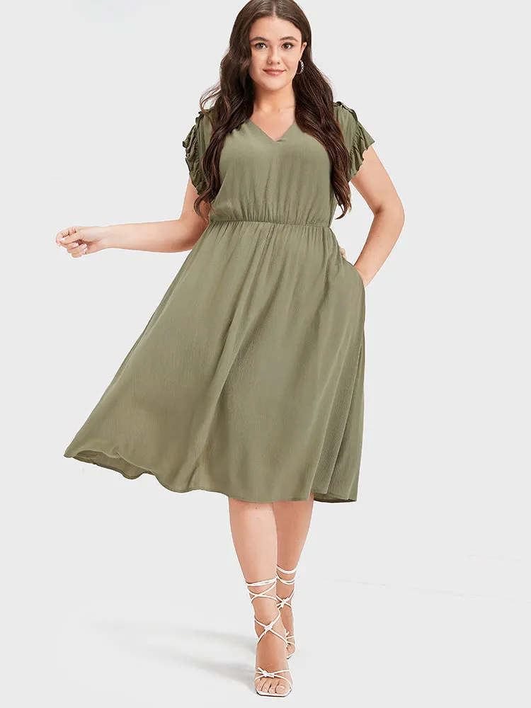 Plain V Neck Ruffles Trim Pocket Knee Dress sold by Bloomchic product image thumbnail 2