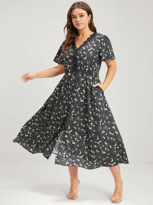 Floral Flutter Button Eyelet Lace Pocket Split Midi Dress sold by Bloomchic