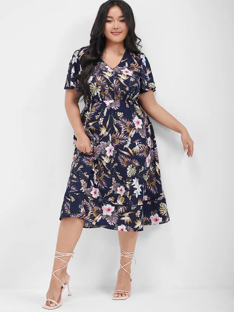 Floral Ruffles Patchwork V Neck Knee Dress sold by Bloomchic product image thumbnail 2