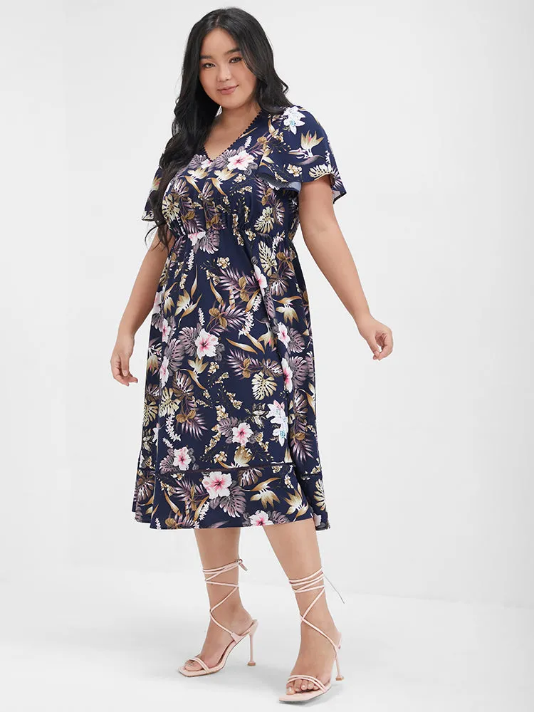 Floral Ruffles Patchwork V Neck Knee Dress sold by Bloomchic product image thumbnail 4