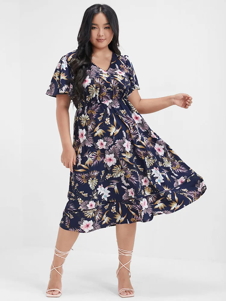 Floral Ruffles Patchwork V Neck Knee Dress sold by Bloomchic