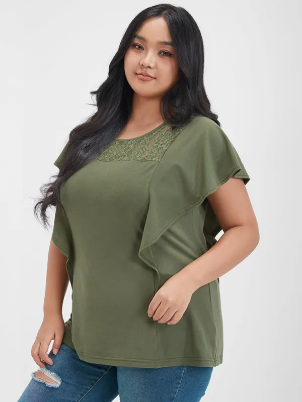 Solid Ruffled Crochet Lace Round Neck T-shirt sold by Bloomchic