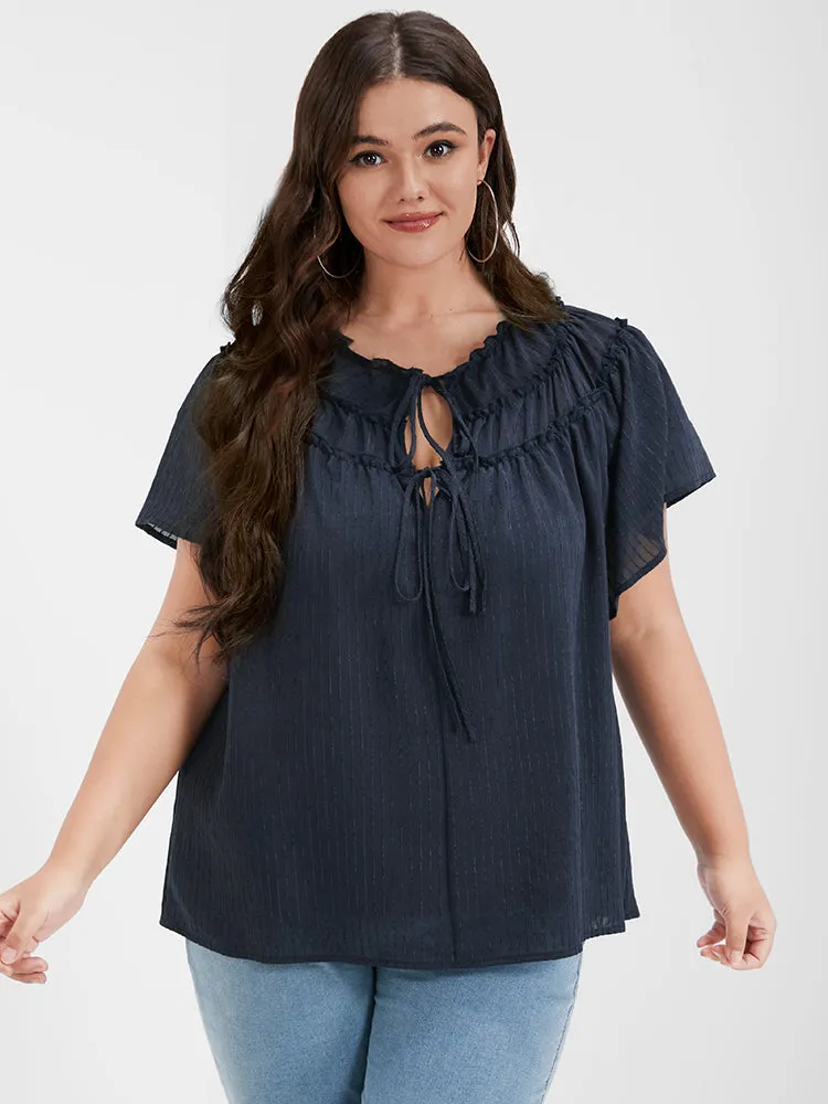 Solid Ruffled Ties Front Keyhole Blouse sold by Bloomchic