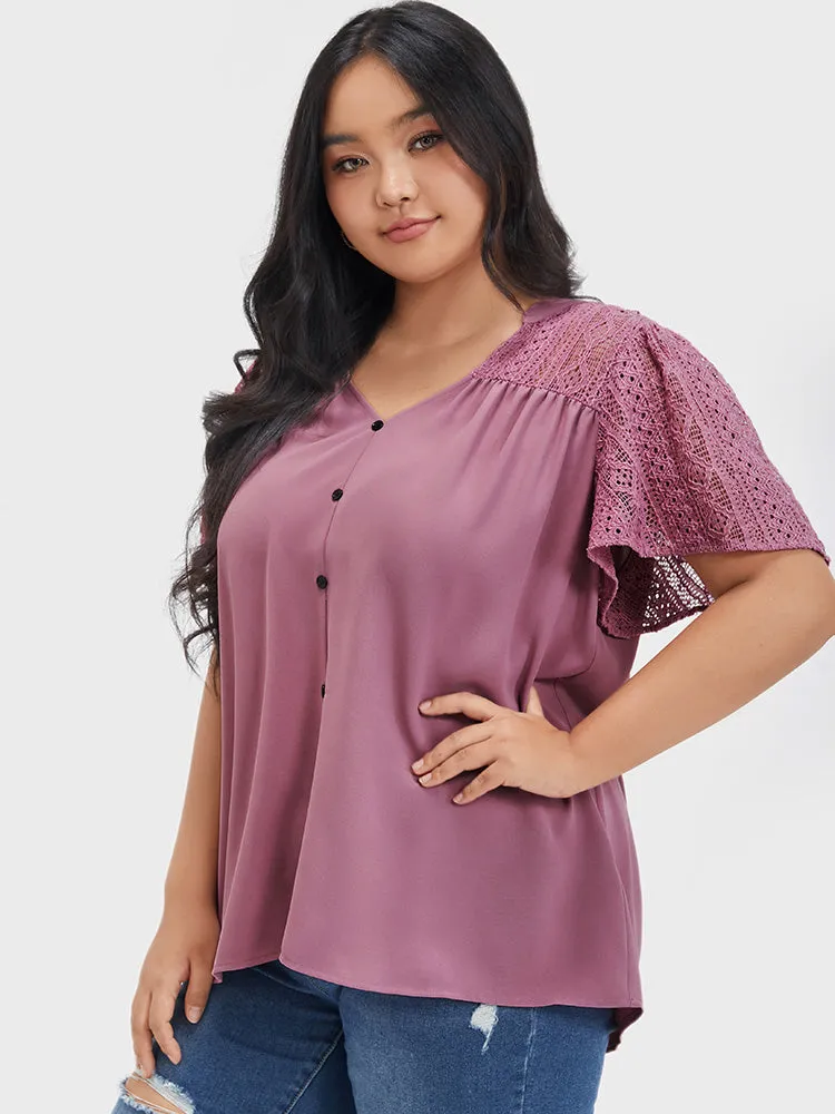 Plain Contrast Lace Ruffles Button V Neck Blouse sold by Bloomchic product image thumbnail 3