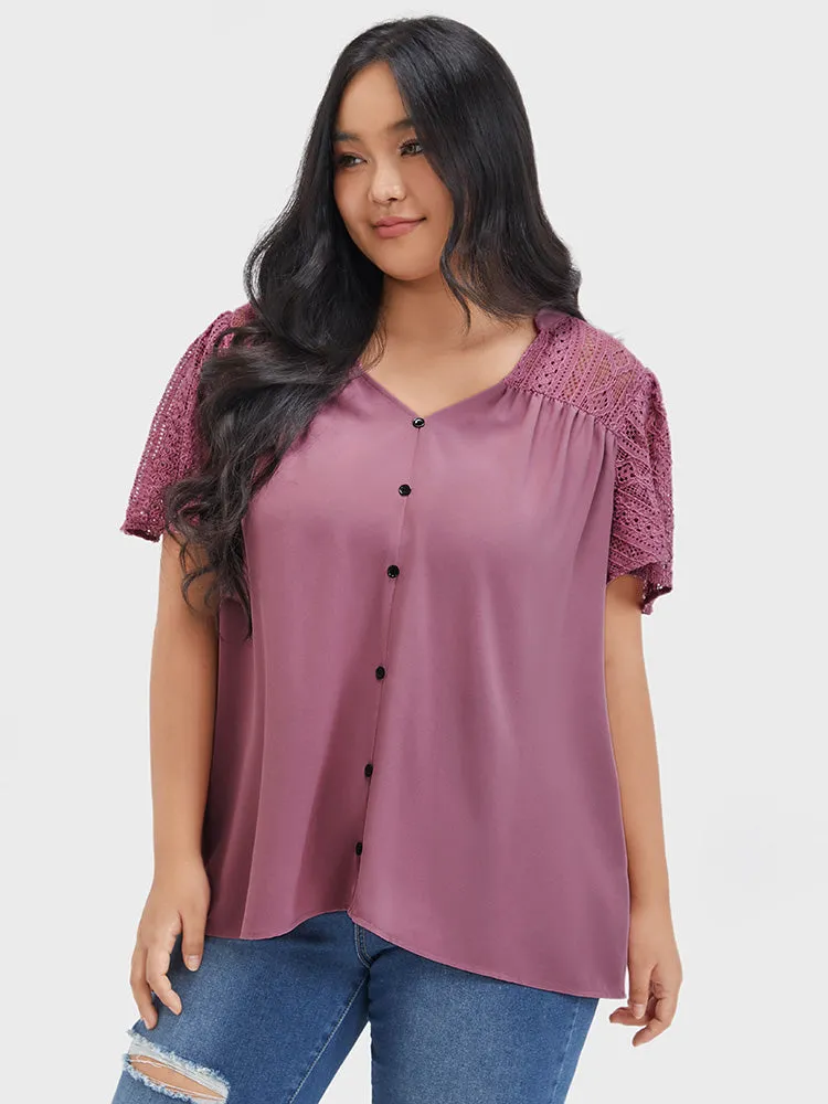 Plain Contrast Lace Ruffles Button V Neck Blouse sold by Bloomchic product image thumbnail 4