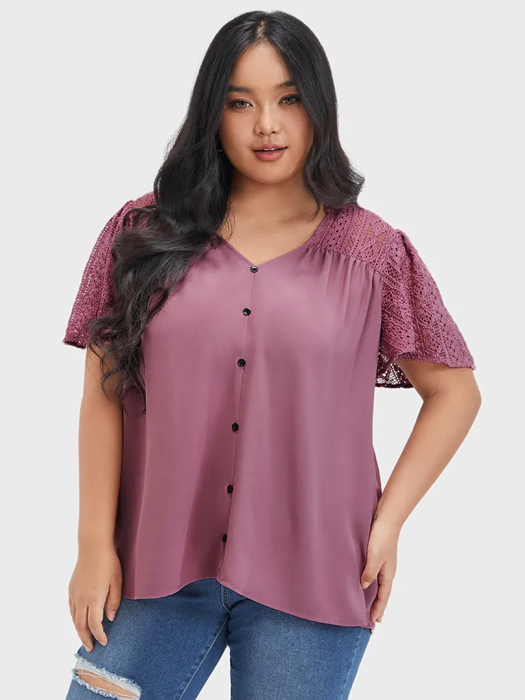 Plain Contrast Lace Ruffles Button V Neck Blouse sold by Bloomchic