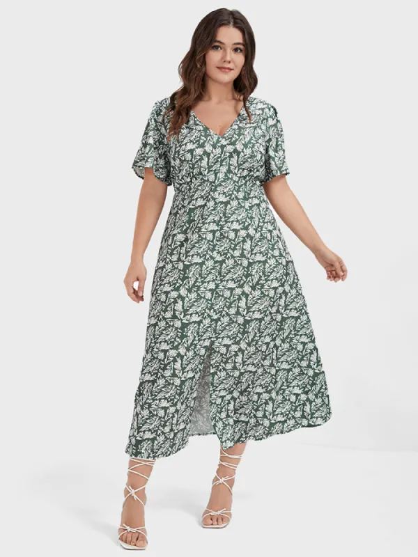 Plants Printed V Neck Ruffles Split Midi Dress sold by Bloomchic