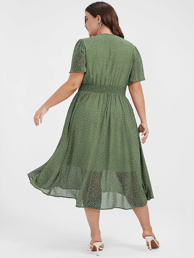 Polka Dot Button Pocket Shirred Ruffles Wrap Dress sold by Bloomchic product image thumbnail 2