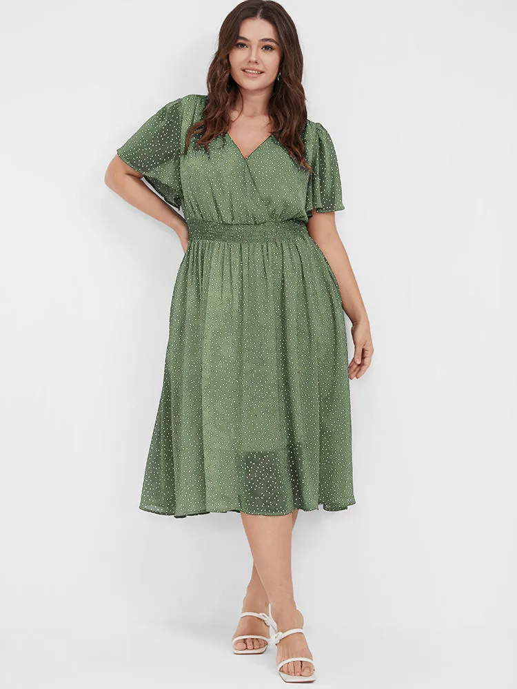 Polka Dot Button Pocket Shirred Ruffles Wrap Dress sold by Bloomchic product image thumbnail 3