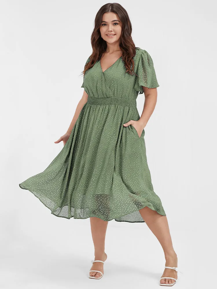 Polka Dot Button Pocket Shirred Ruffles Wrap Dress sold by Bloomchic product image thumbnail 4