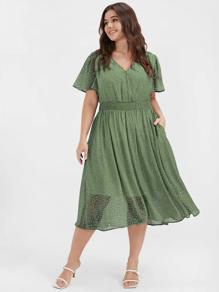 Polka Dot Button Pocket Shirred Ruffles Wrap Dress sold by Bloomchic