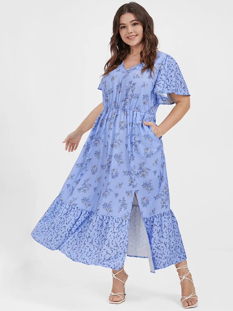 Ditsy Floral Ruffles Split Pocket V Neck Maxi Dress sold by Bloomchic