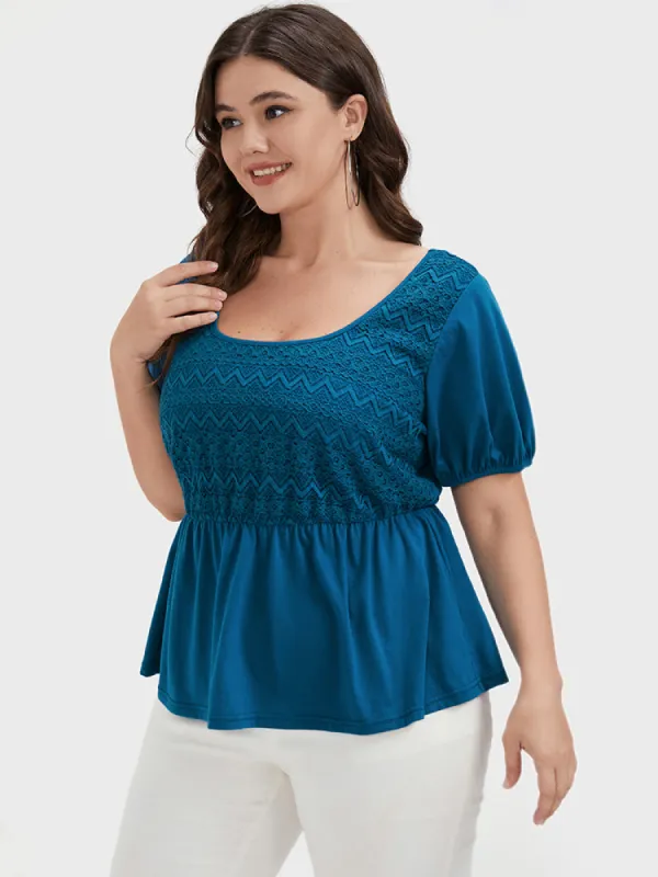 Plain Ruffles Puff Sleeve Lace Round Neck T-shirt sold by Bloomchic
