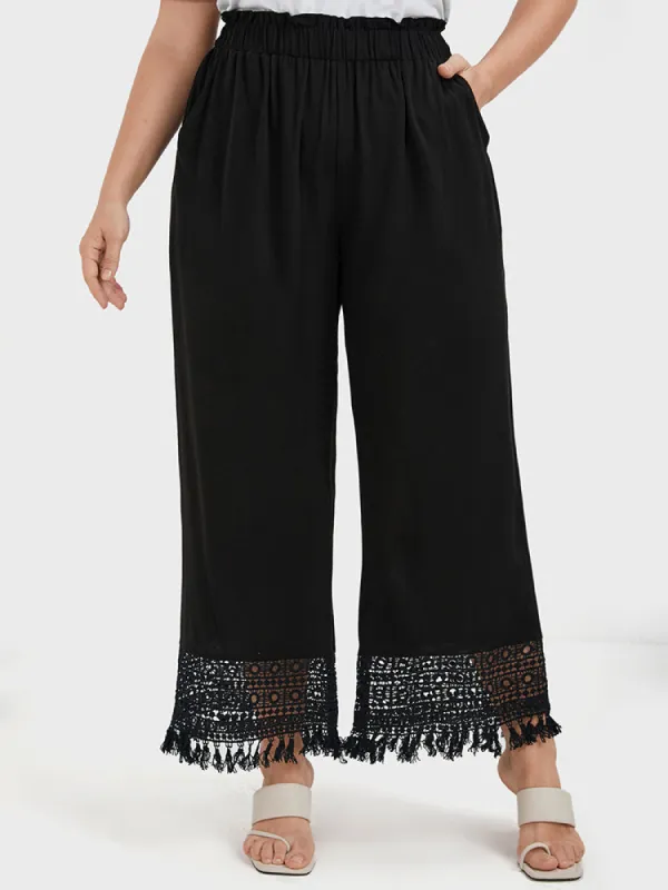 Solid Elastic Waist Contrast Lace Pocket Pants sold by Bloomchic
