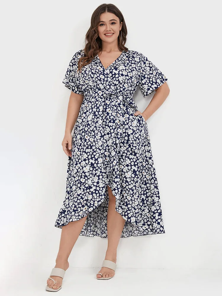 Floral Belted Ruffles Split Pocket Wrap Dress sold by Bloomchic