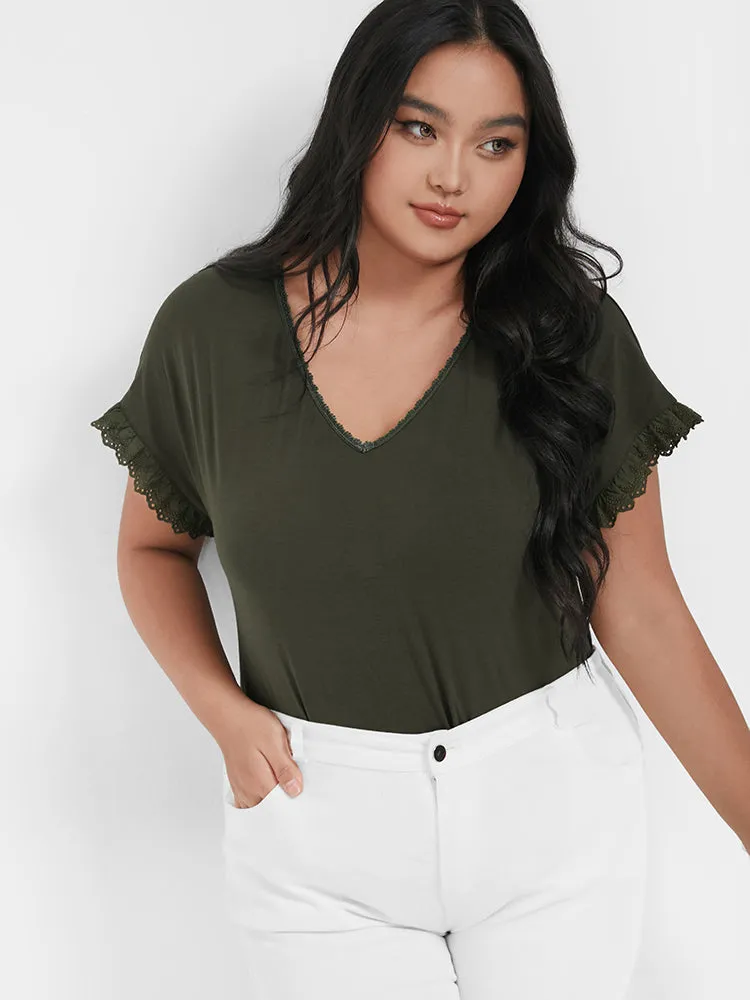 Solid Lace Trim V Neck T-shirt sold by Bloomchic product image thumbnail 3