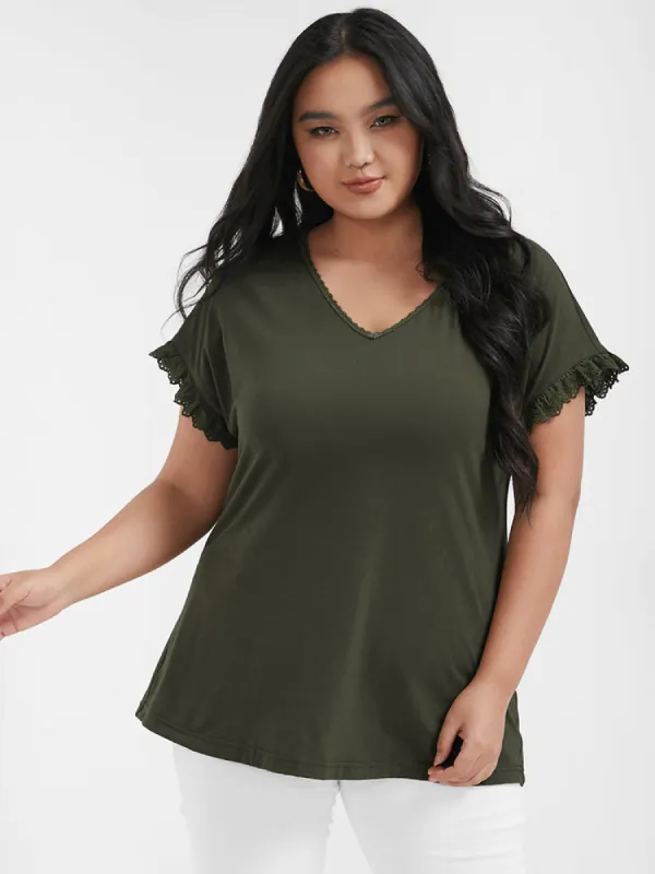 Solid Lace Trim V Neck T-shirt sold by Bloomchic