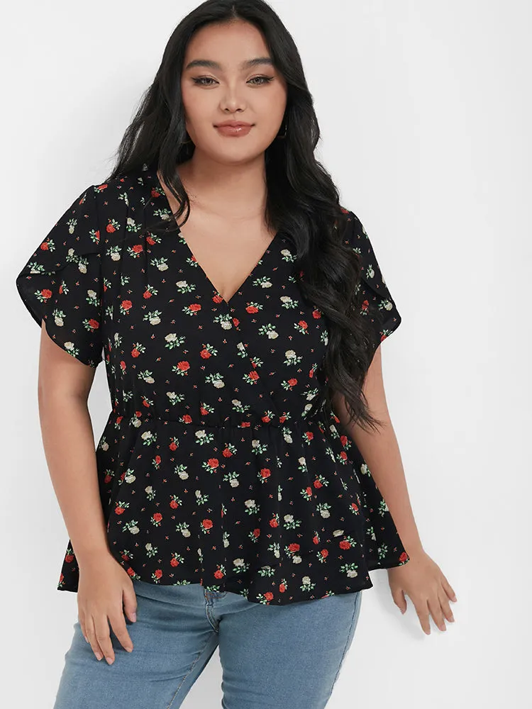 Floral Ruffles Tiered Button Wrap Blouse sold by Bloomchic