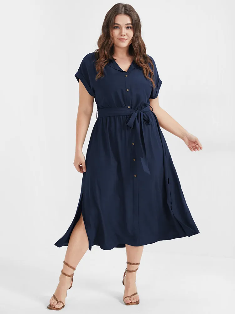 Solid Button Cuffed Sleeve Belted Split Midi Dress sold by Bloomchic