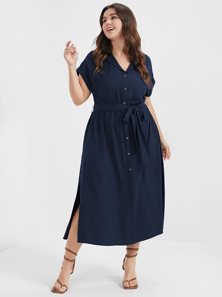 Solid Button Cuffed Sleeve Belted Split Midi Dress sold by Bloomchic product image thumbnail 2