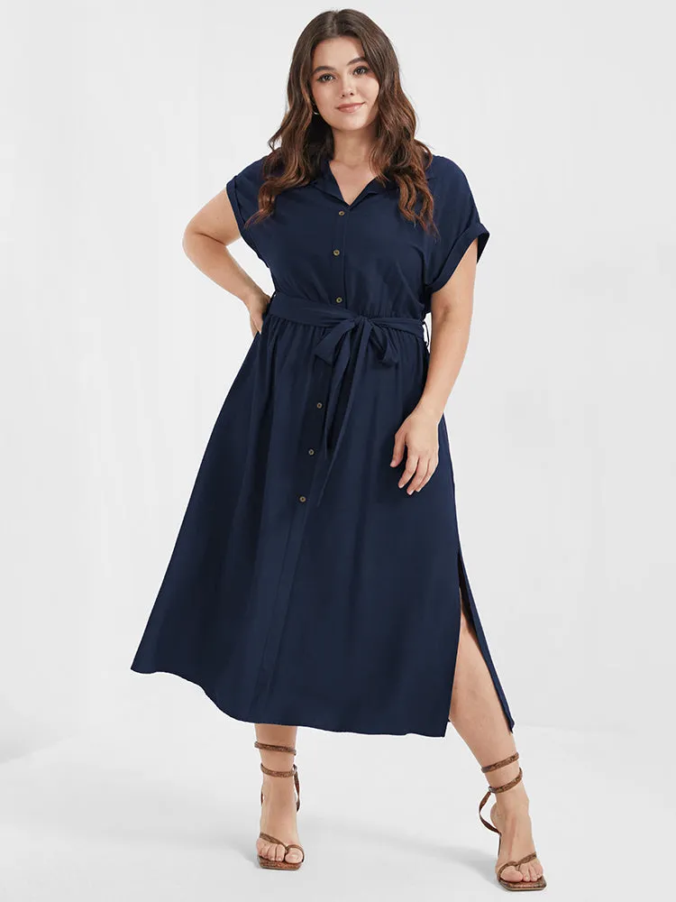 Solid Button Cuffed Sleeve Belted Split Midi Dress sold by Bloomchic product image thumbnail 4