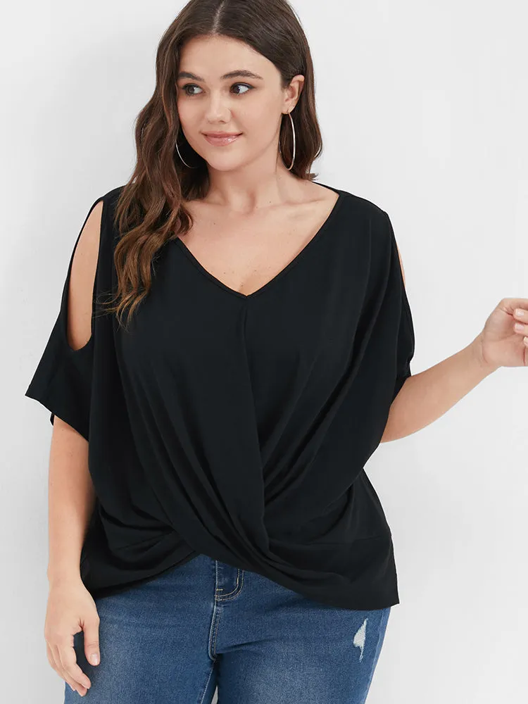 Solid Gathered Twist Front Cold Shoulder T-shirt sold by Bloomchic product image thumbnail 3