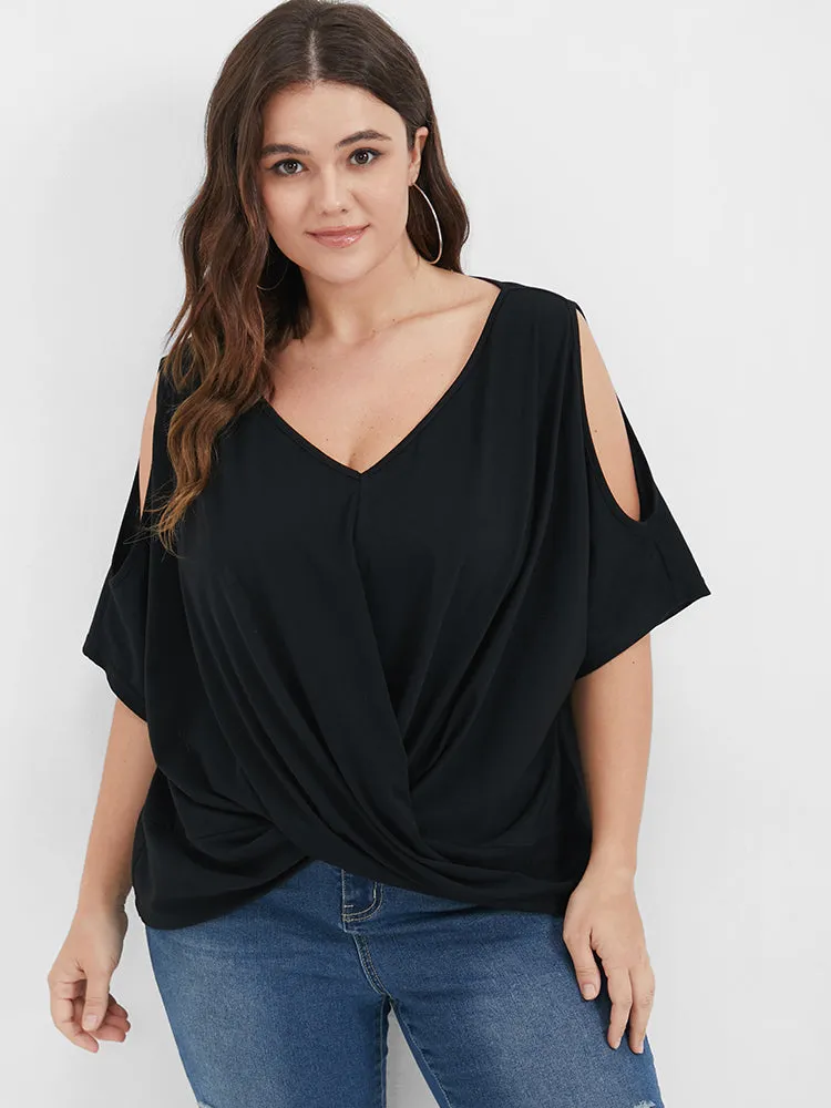 Solid Gathered Twist Front Cold Shoulder T-shirt sold by Bloomchic