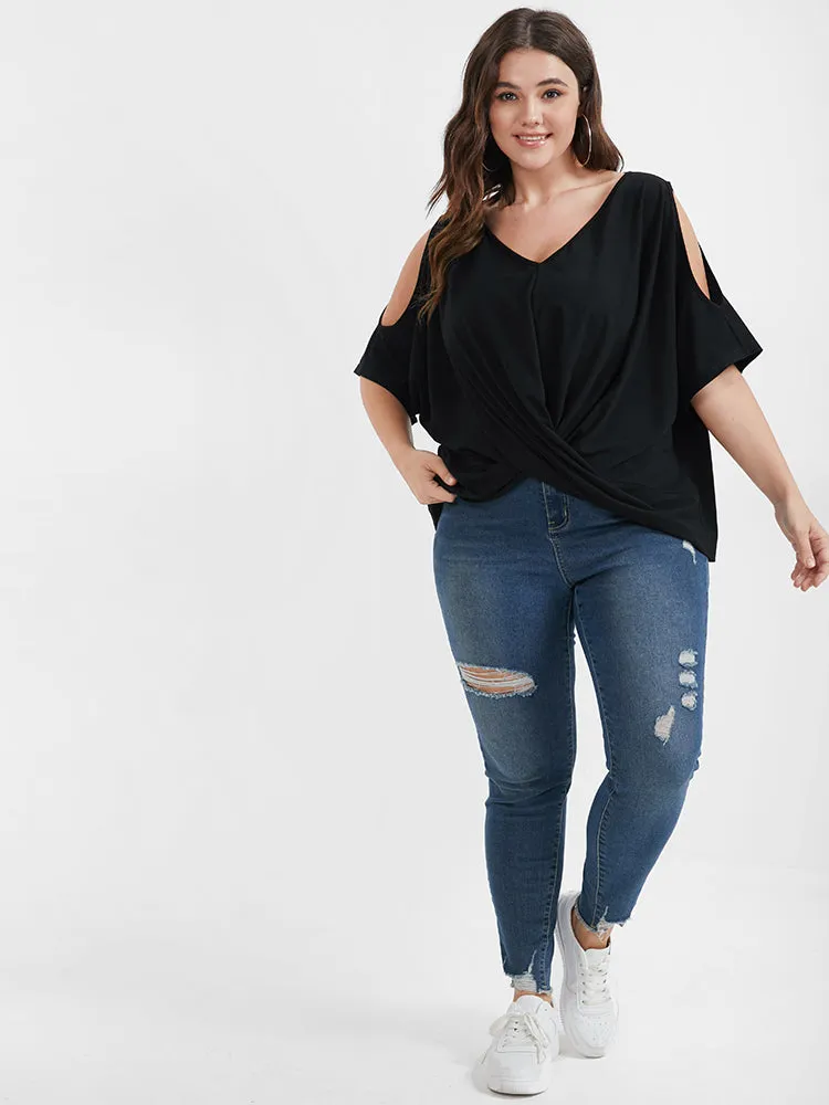 Solid Gathered Twist Front Cold Shoulder T-shirt sold by Bloomchic product image thumbnail 2