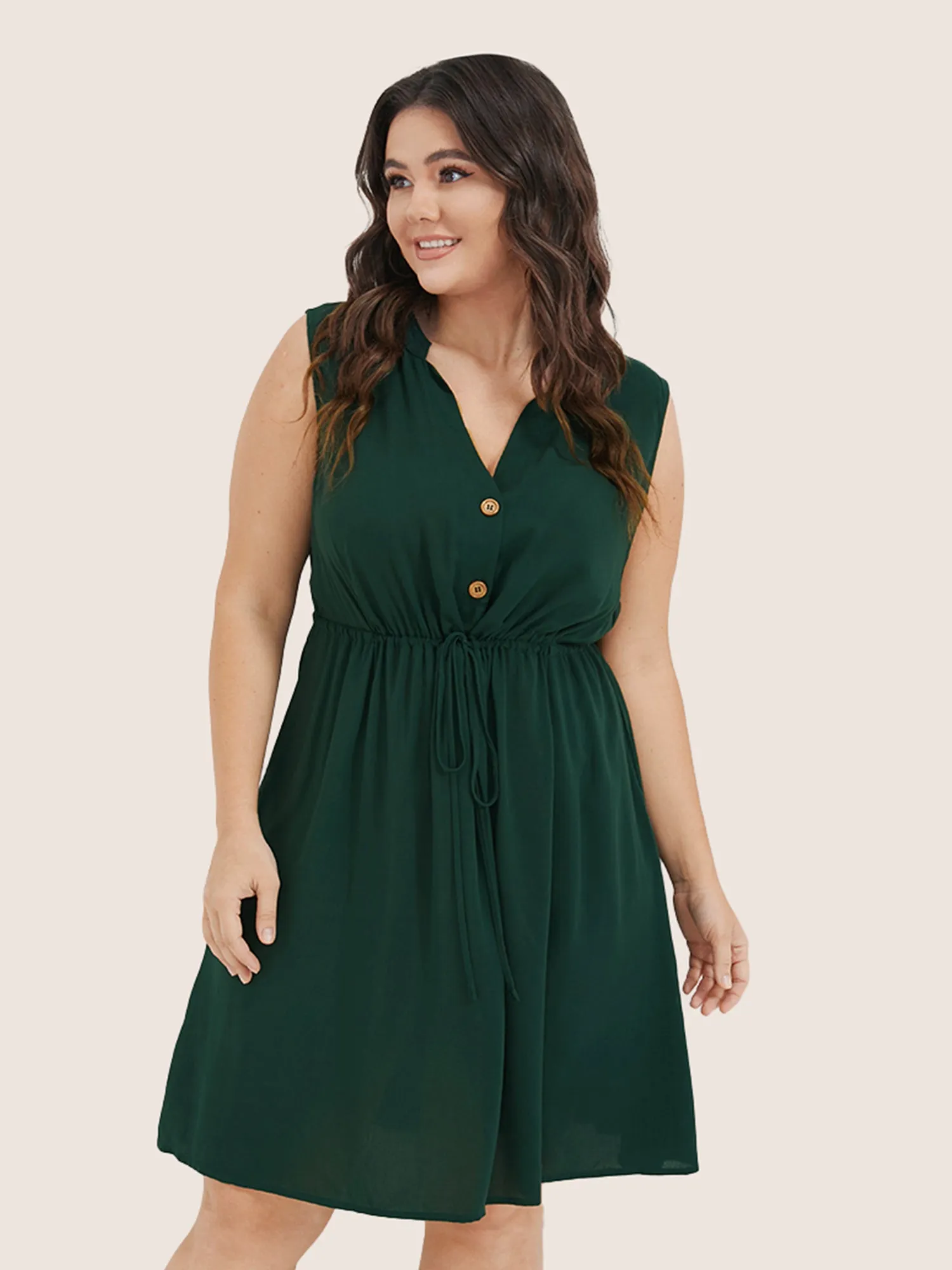 Plain Ties Front Button Pocket V Neck Dress sold by Bloomchic product image thumbnail 3