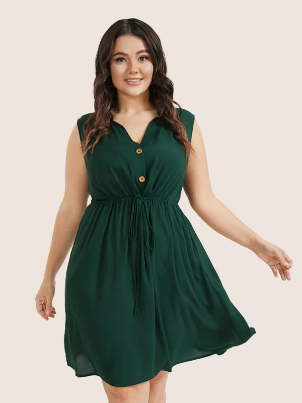 Plain Ties Front Button Pocket V Neck Dress sold by Bloomchic