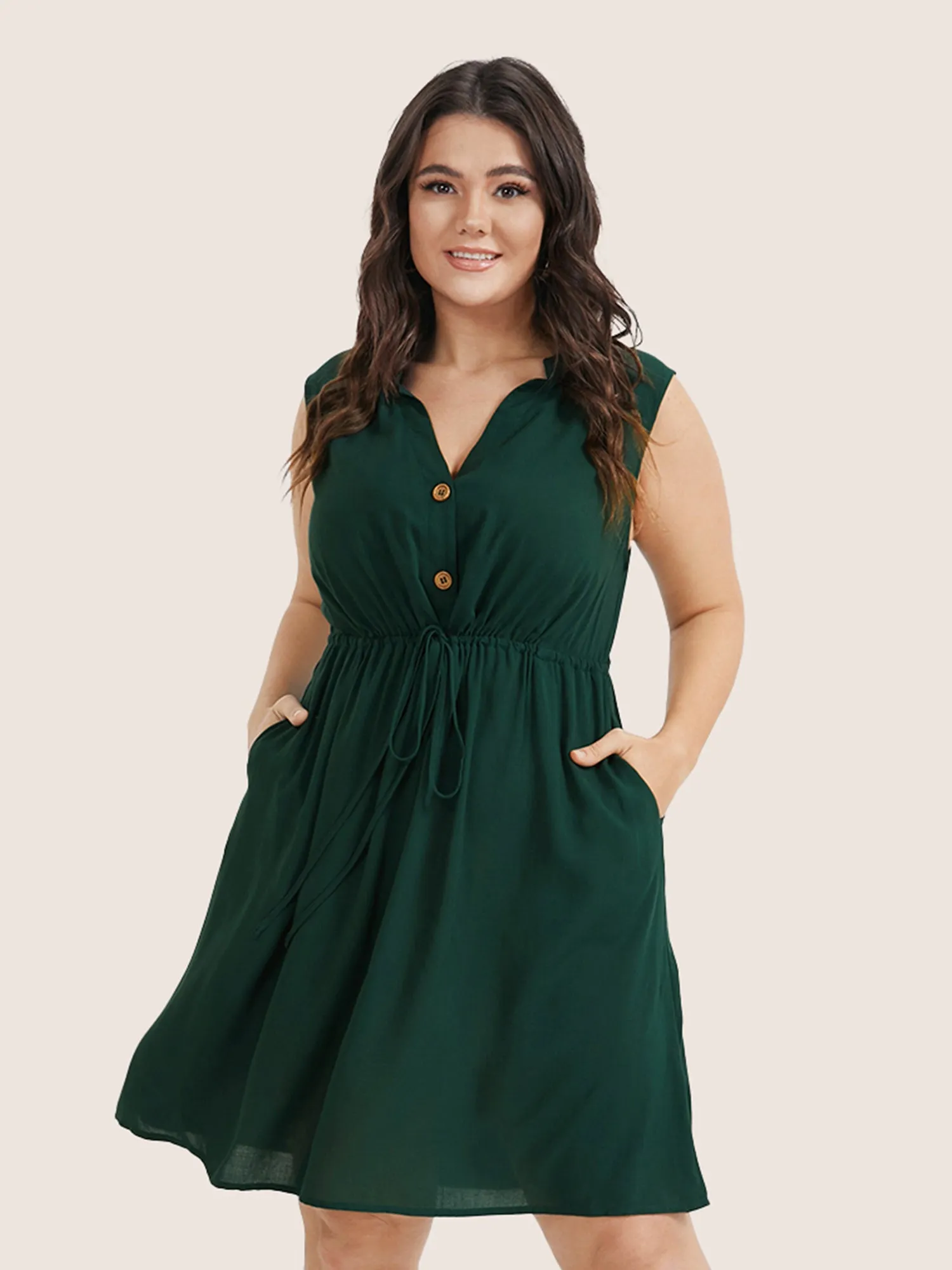 Plain Ties Front Button Pocket V Neck Dress sold by Bloomchic product image thumbnail 4