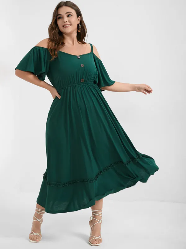Plain Ruffles Button Cold Shoulder Midi Dress sold by Bloomchic