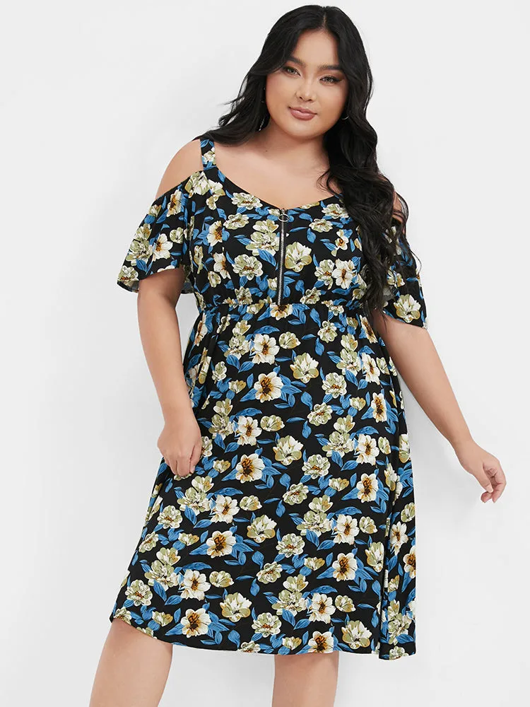 Floral Zipper Ruffled Cold Shoulder Dress sold by Bloomchic product image thumbnail 3