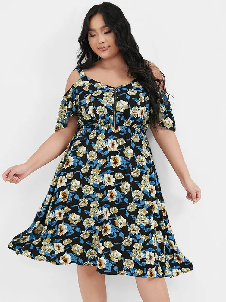 Floral Zipper Ruffled Cold Shoulder Dress sold by Bloomchic product image thumbnail 4