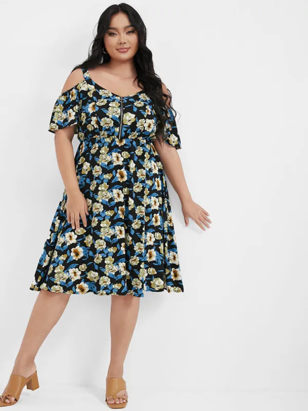 Floral Zipper Ruffled  Cold Shoulder Dress sold by Bloomchic