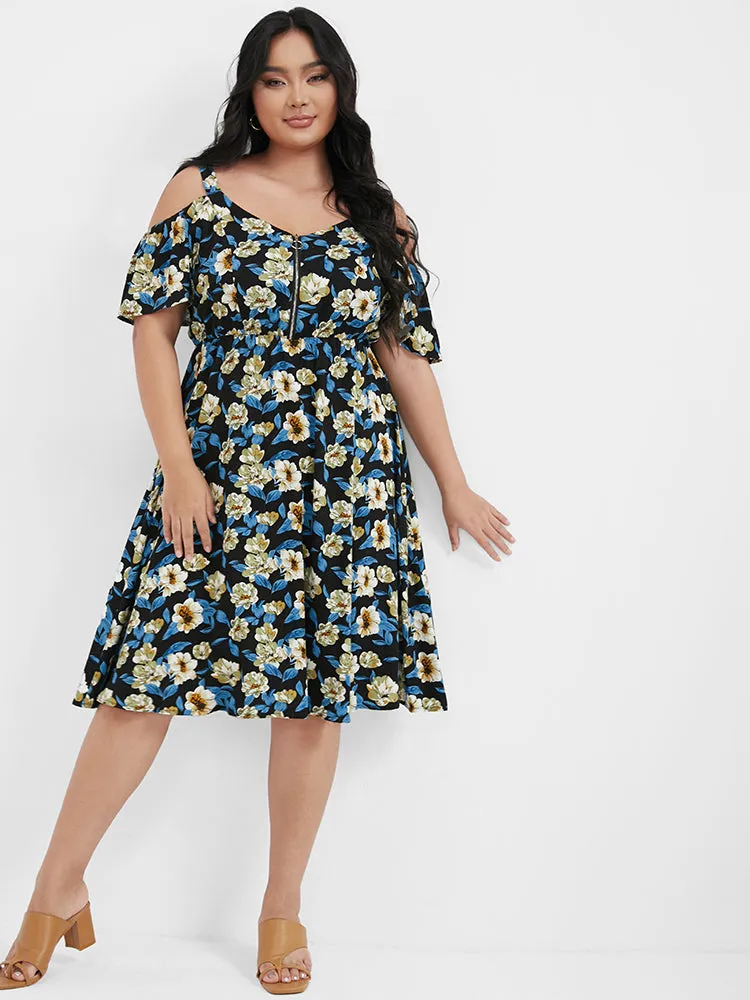 Floral Zipper Ruffled Cold Shoulder Dress sold by Bloomchic