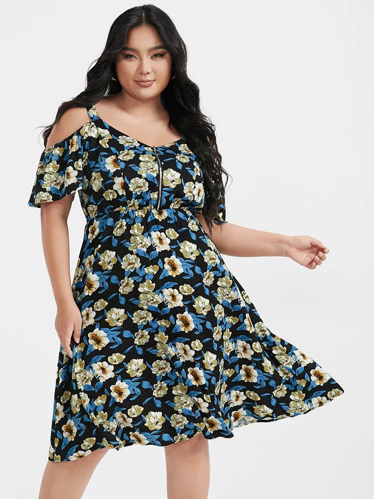 Floral Zipper Ruffled Cold Shoulder Dress sold by Bloomchic product image thumbnail 2