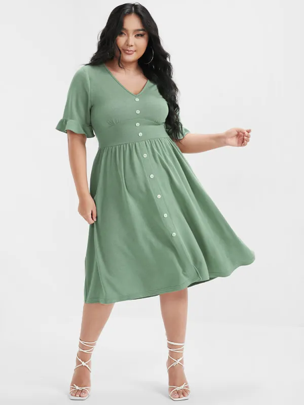 Solid Shirred Ruffles Button V Neck Midi Dress sold by Bloomchic