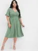 Solid Shirred Ruffles Button V Neck Midi Dress sold by Bloomchic