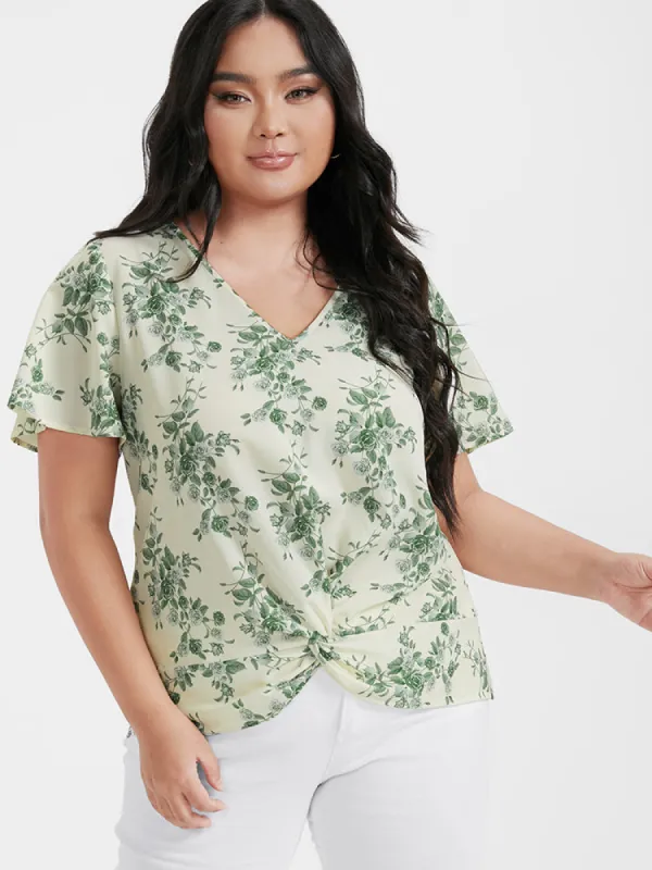 Ditsy Floral Twist-front Flutter V Neck Blouse sold by Bloomchic