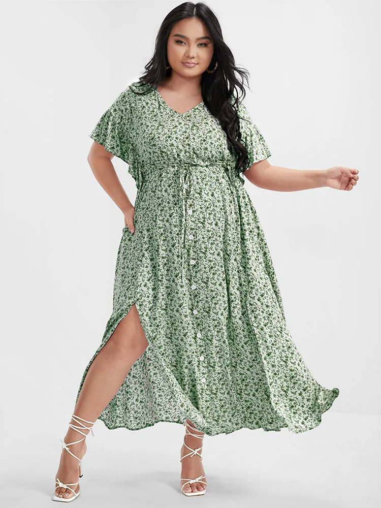 Ditsy Floral Ruffles Pocket Button Split Maxi Dress sold by Bloomchic product image thumbnail 2