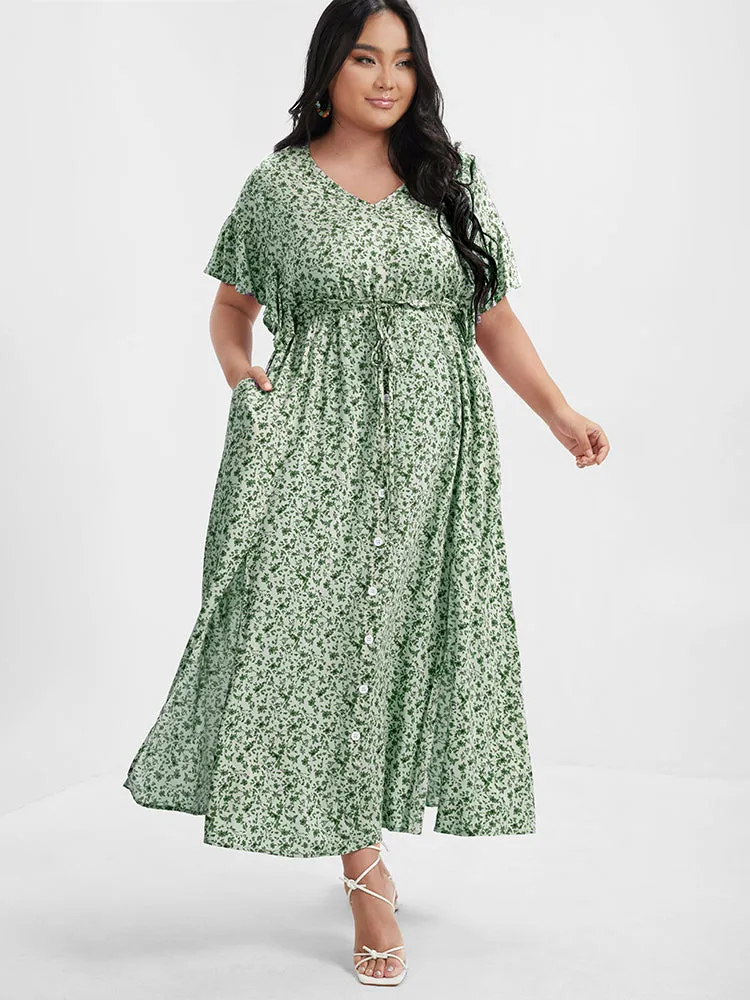 Ditsy Floral Ruffles Pocket Button Split Maxi Dress sold by Bloomchic