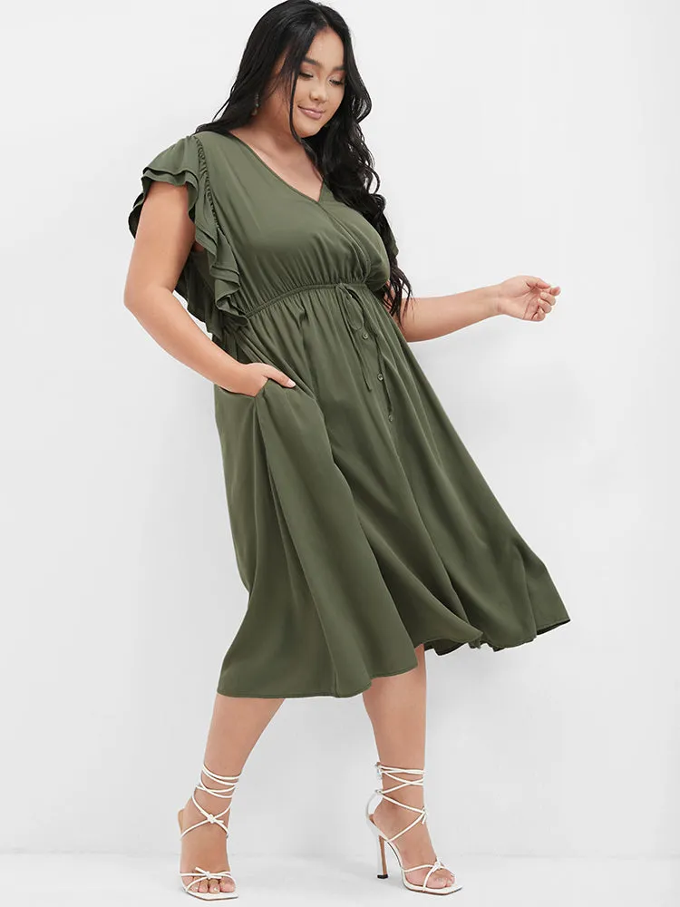 Solid Ruffles Button Ties Pocket Midi Dress sold by Bloomchic product image thumbnail 4
