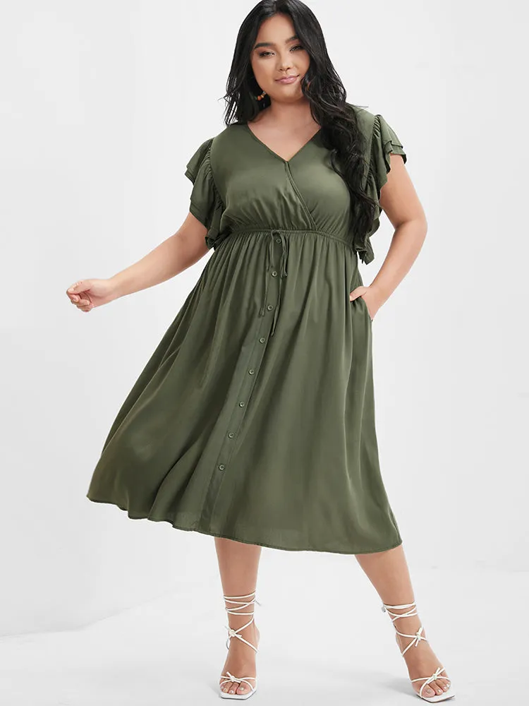 Solid Ruffles Button Ties Pocket Midi Dress sold by Bloomchic