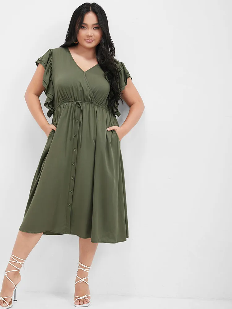 Solid Ruffles Button Ties Pocket Midi Dress sold by Bloomchic product image thumbnail 2